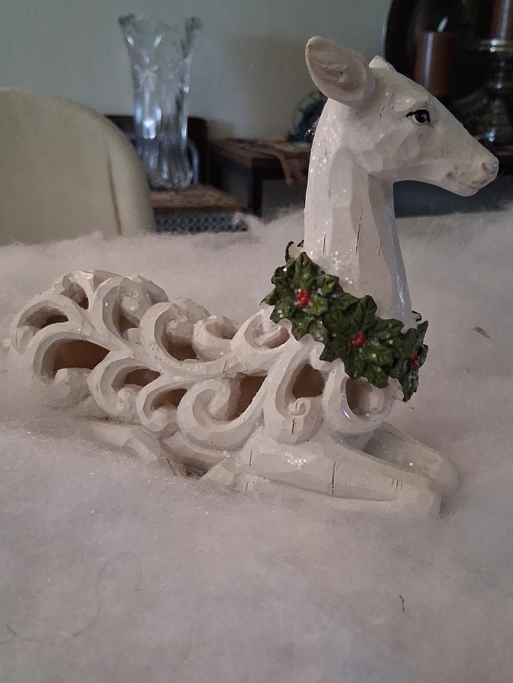 White Reindeer Figurine with Green Holly Wreath - Holiday Decor